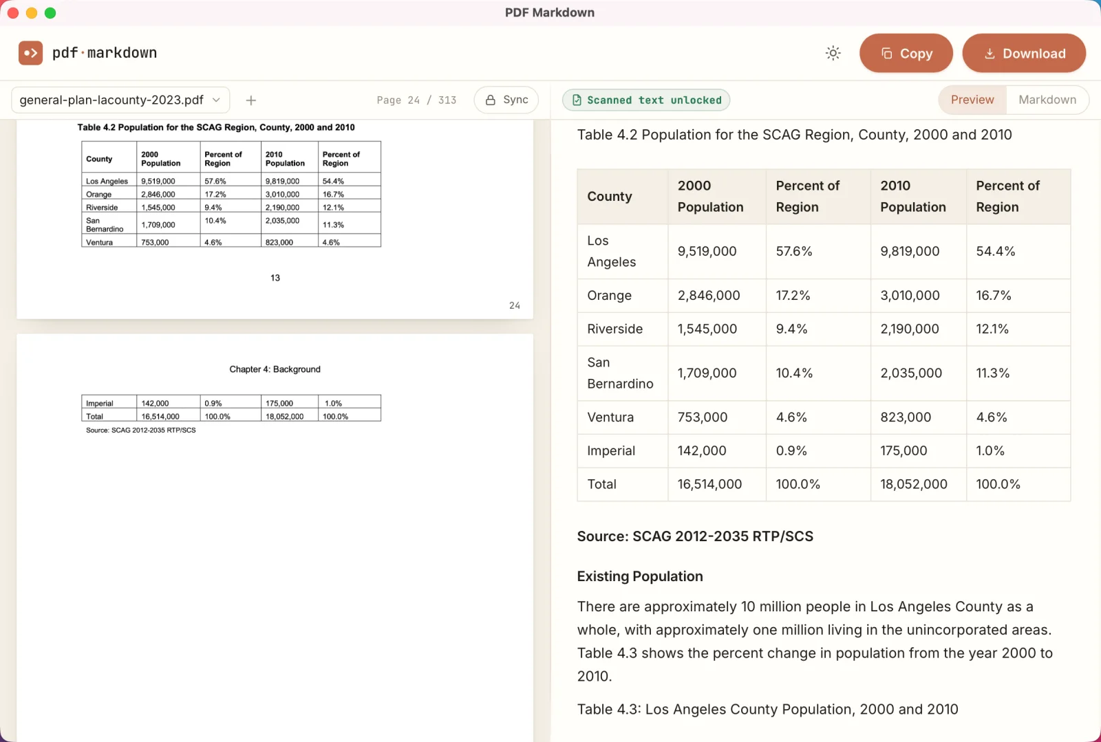 PDF Markdown desktop app showing a PDF and its converted Markdown side by side